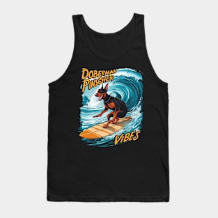 Doberman Pinscher Surfer Riding Tropical Wave Tank Top